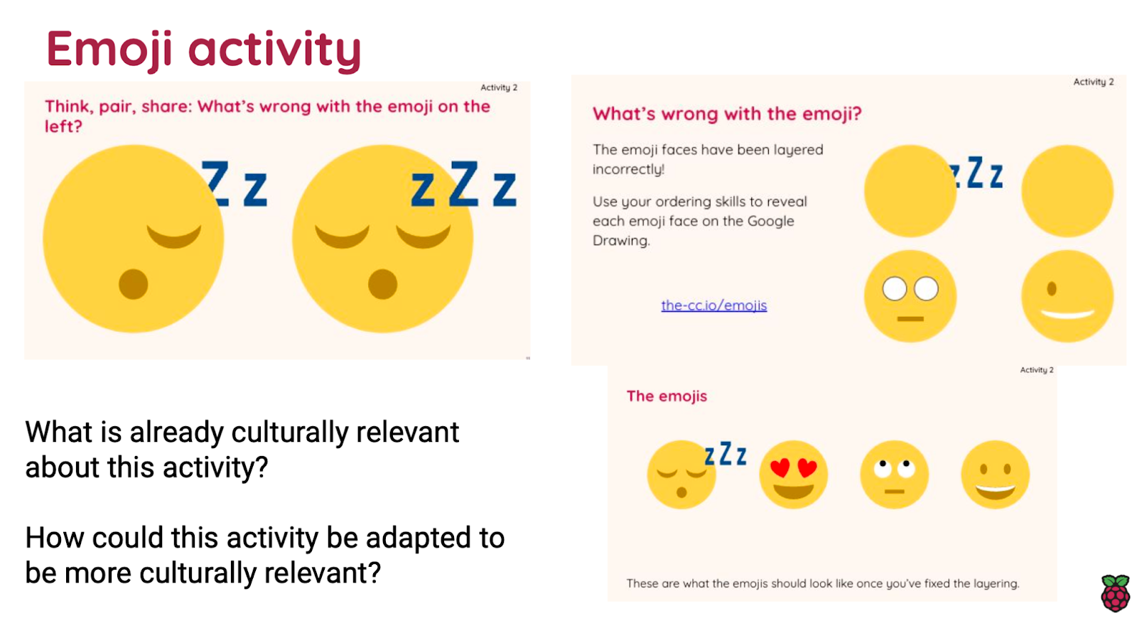 A slide about adapting an emoji teaching activity to make it culturally relevant.