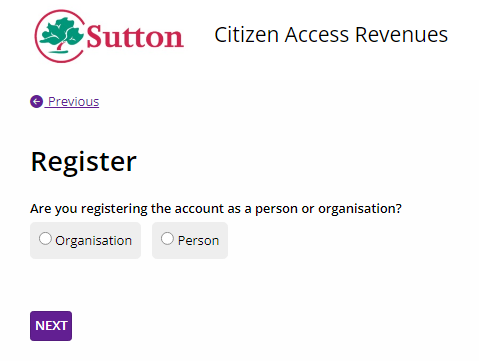 Image of register page. Choose organisation or person.