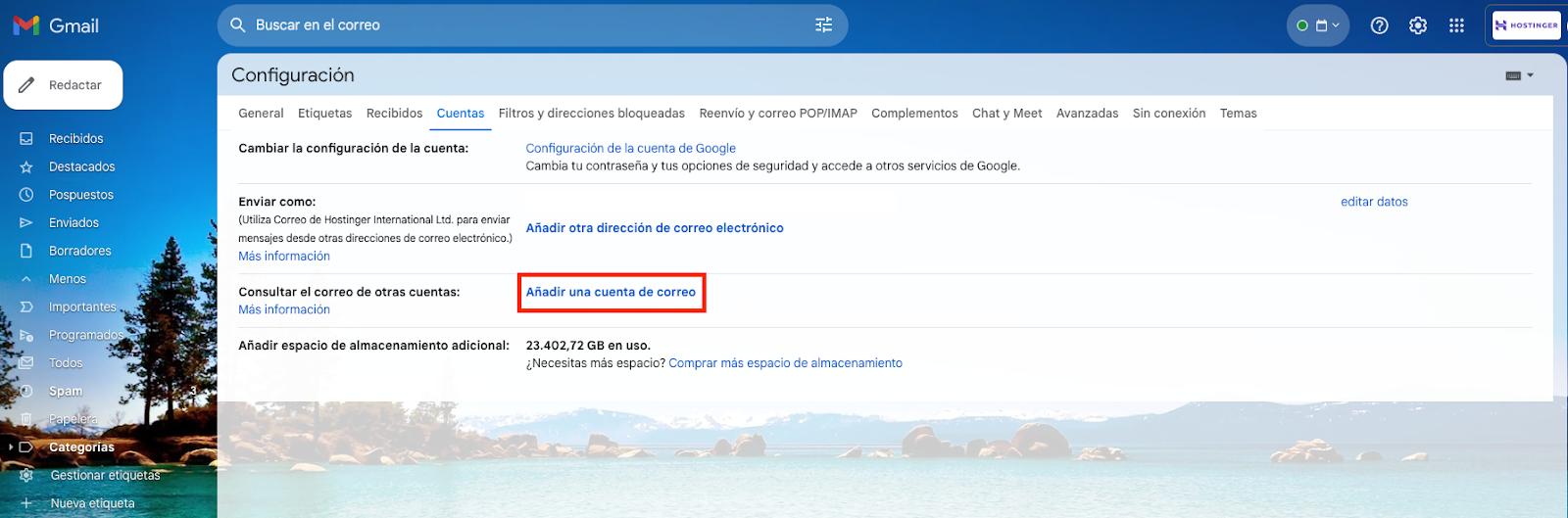 Opción Añadir otra dirección de correo electrónico de Gmail 
