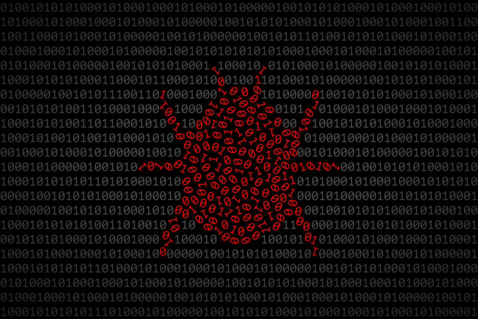 Bug Silhouette, bestehend aus roten 0 und 1 Ziffern auf dunklen Binärcode-Oberfläche. Konzept von Software-Fehlersuche und -behebung
