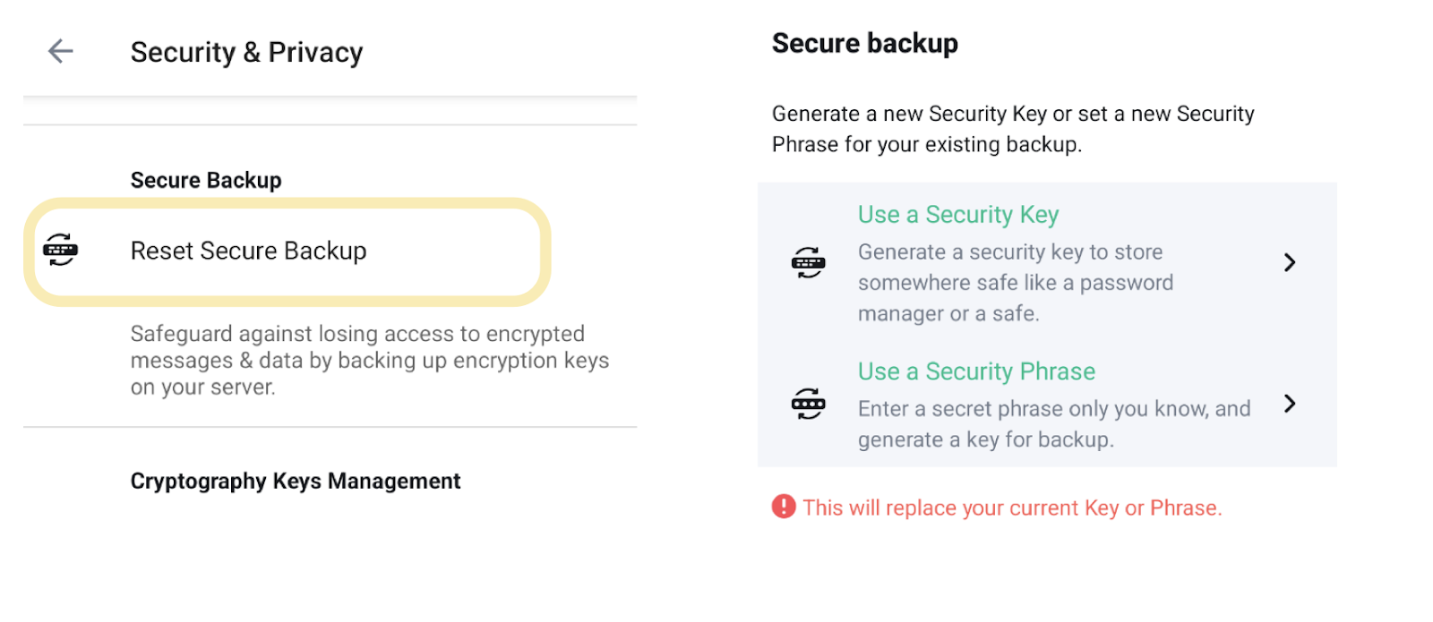 Resetting the server-side key backup