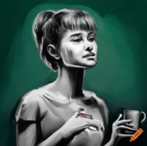 A black and white drawing of a person holding a cup of tea on the right and holding a pen with their right hand. The image has a dark green background.