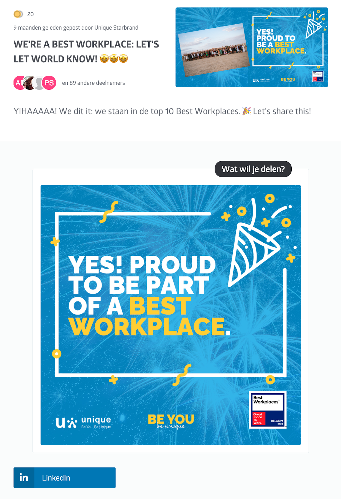 Unique celebrated them being a best place to work