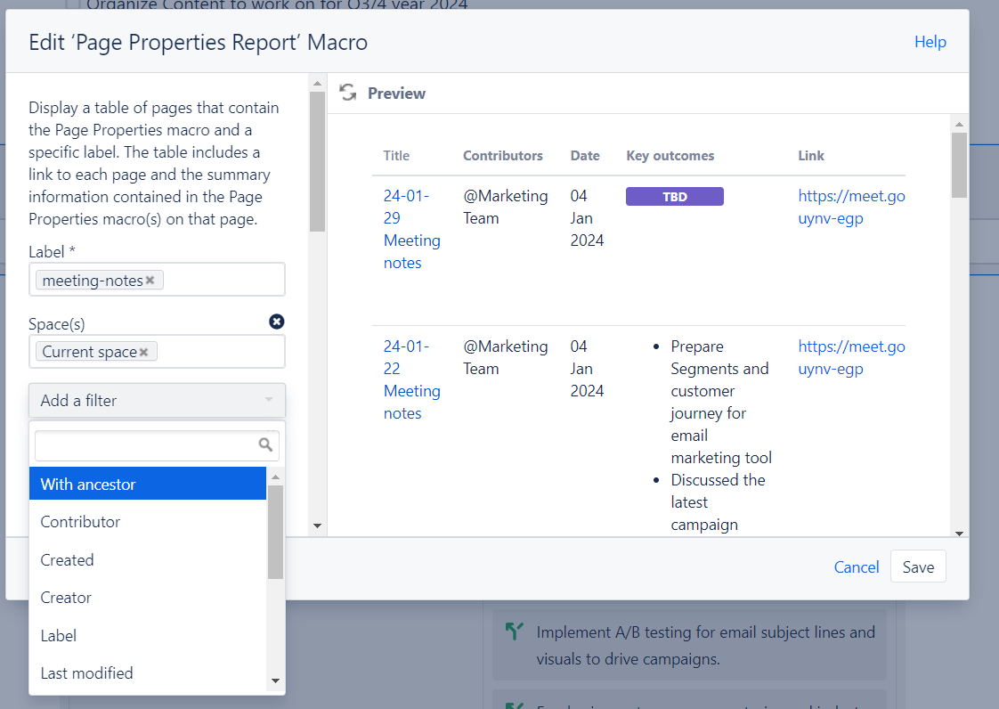 edit page properties report macro in confluence