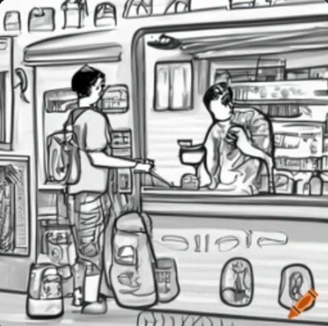 A black and white drawing of a person standing at the counter of a food van waiting for a coffee.