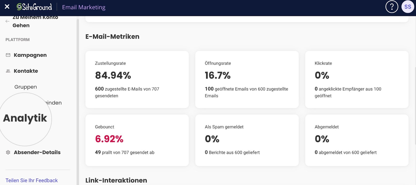 Ein Screenshot, der die SiteGround E-Mail-Marketing-Analyseseite anzeigt