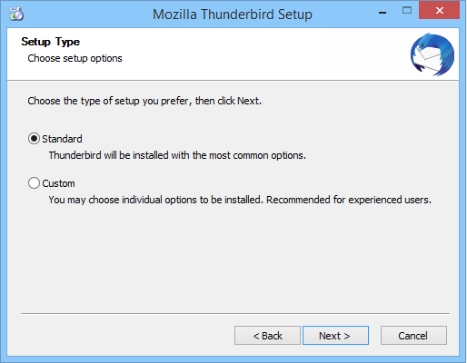 Seleccionar el tipo de instalación de Mozilla Thunderbird