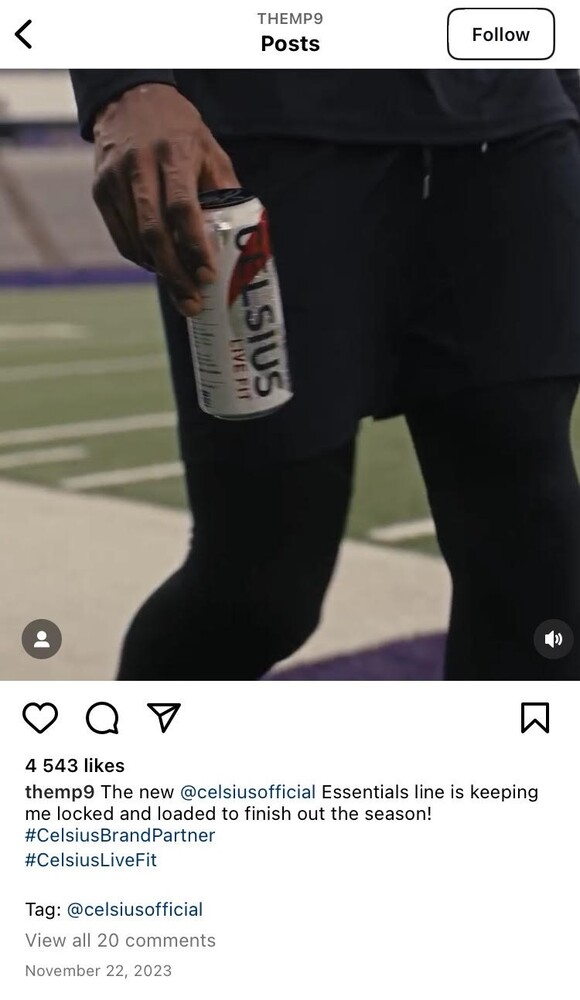 Publicación de Instagram de la asociación de la marca de bebidas energéticas CELSIUS con el jugador de la NFL Mike Penix Jr.