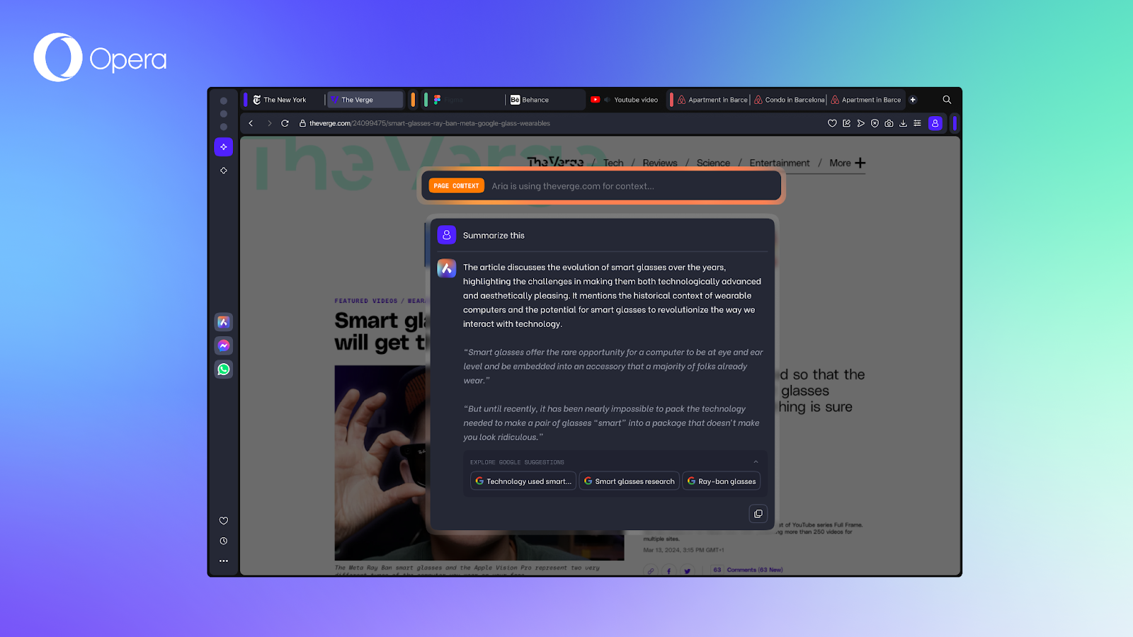 Aria's command Line update includes Page context Mode. Here is an example of Page Context Mode in which Aria summarizes the content of the article you are currently on. In this case, an article about smart glasses.
