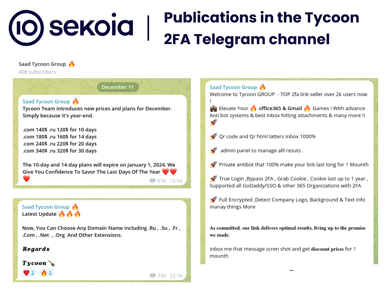 Publications in the Tycoon 2FA Telegram channel named “Saad Tycoon Group”, advertising the Tycoon 2FA PhaaS