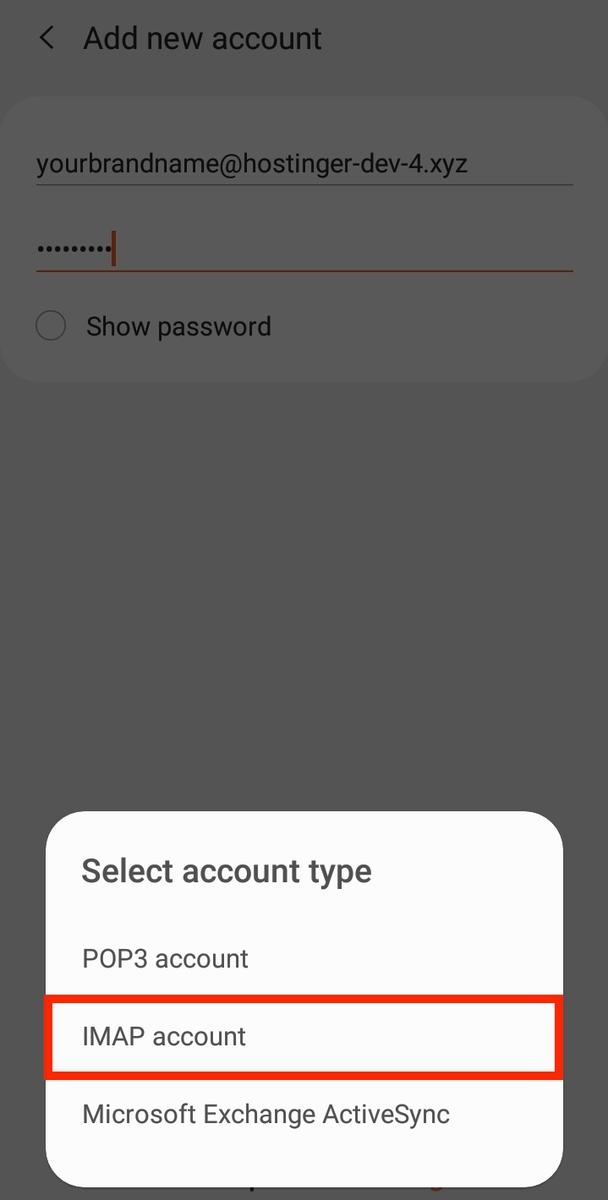 Elegir la opción "Cuenta IMAP" al crear una nueva cuenta de correo electrónico en Android