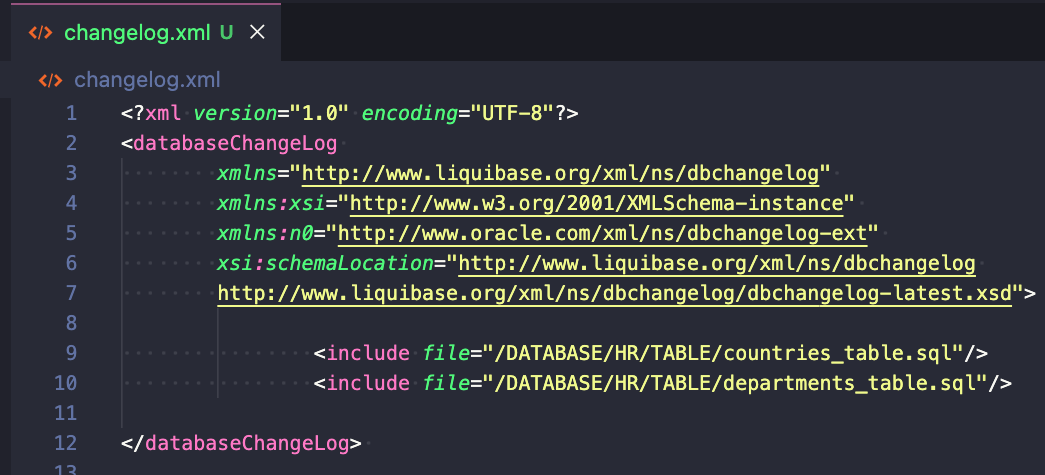 The above example includes a path to two other changelogs (countries and departments tables).