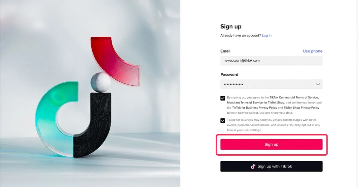 A screenshot of the TikTok sign up page