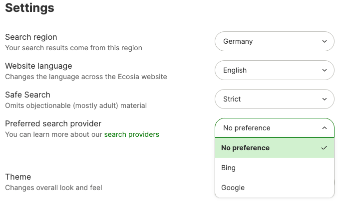 Screenshot of Ecosia settings with indication on how to select search provider, options: no preference, Bing Google