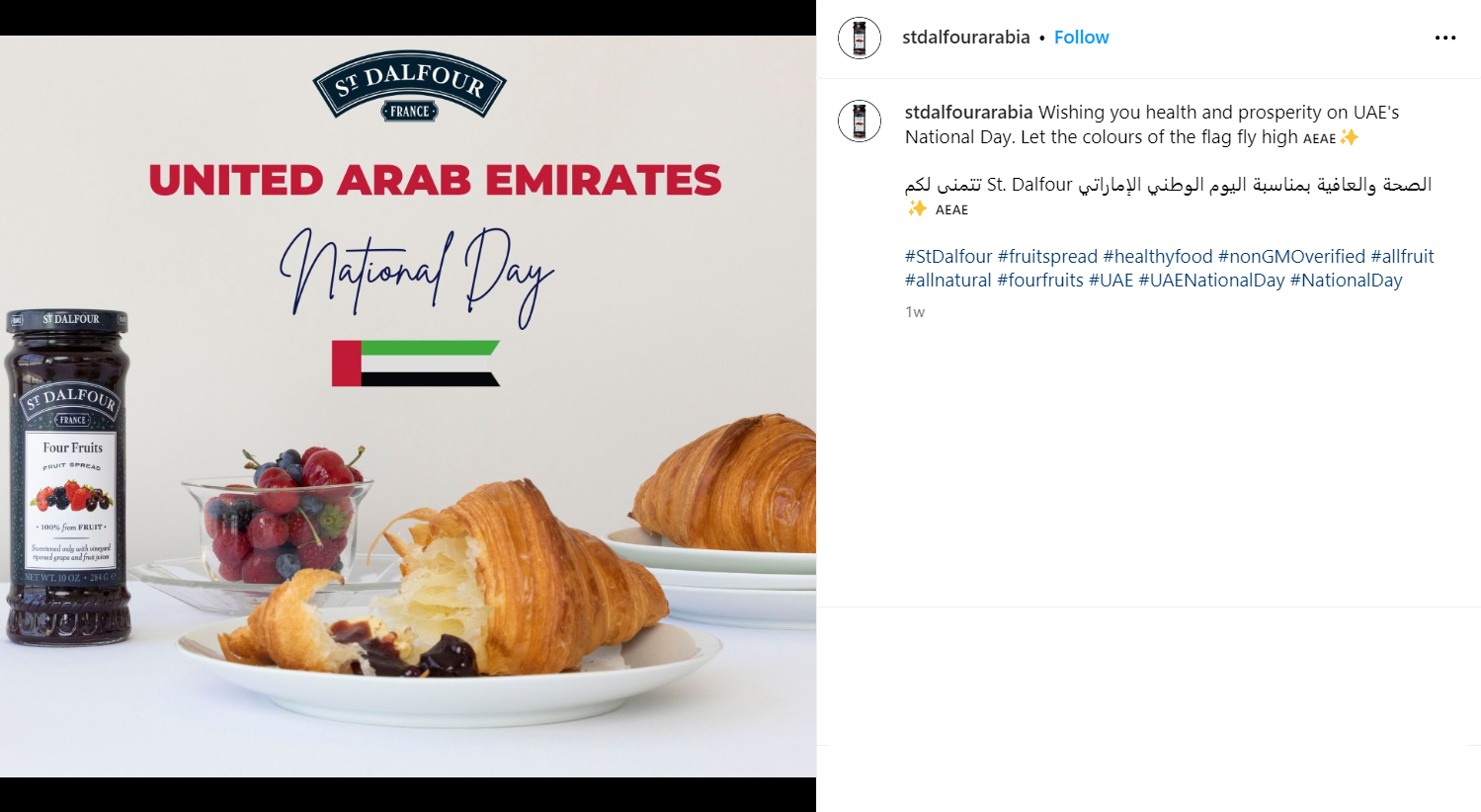 Localized St. Dalfour Instagram post on the UAE account