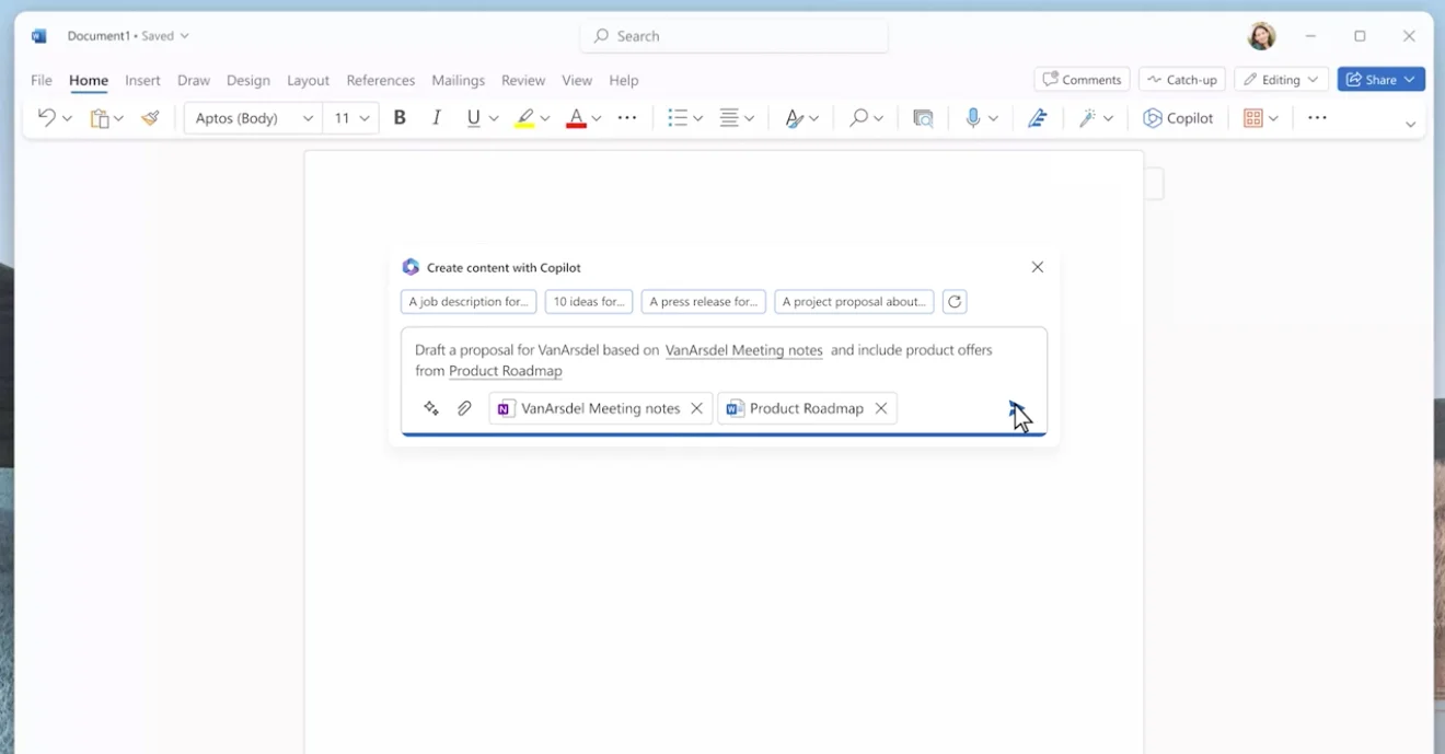 Screenshot of Microsoft Copilot being used in a word document