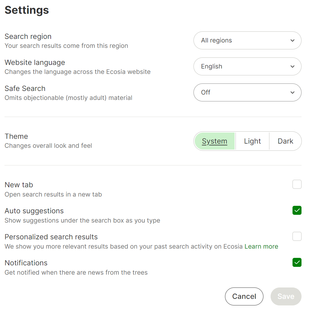 Image showing all Ecosia search engine settings