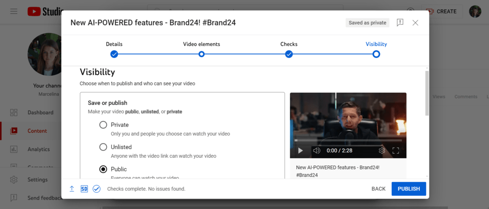 The last step of publishing YouTube video with hashtags from a computer