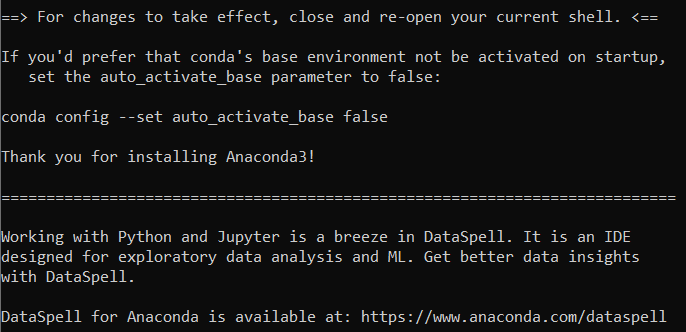 Último paso de la instalación de Anaconda mostrado en la línea de comandos