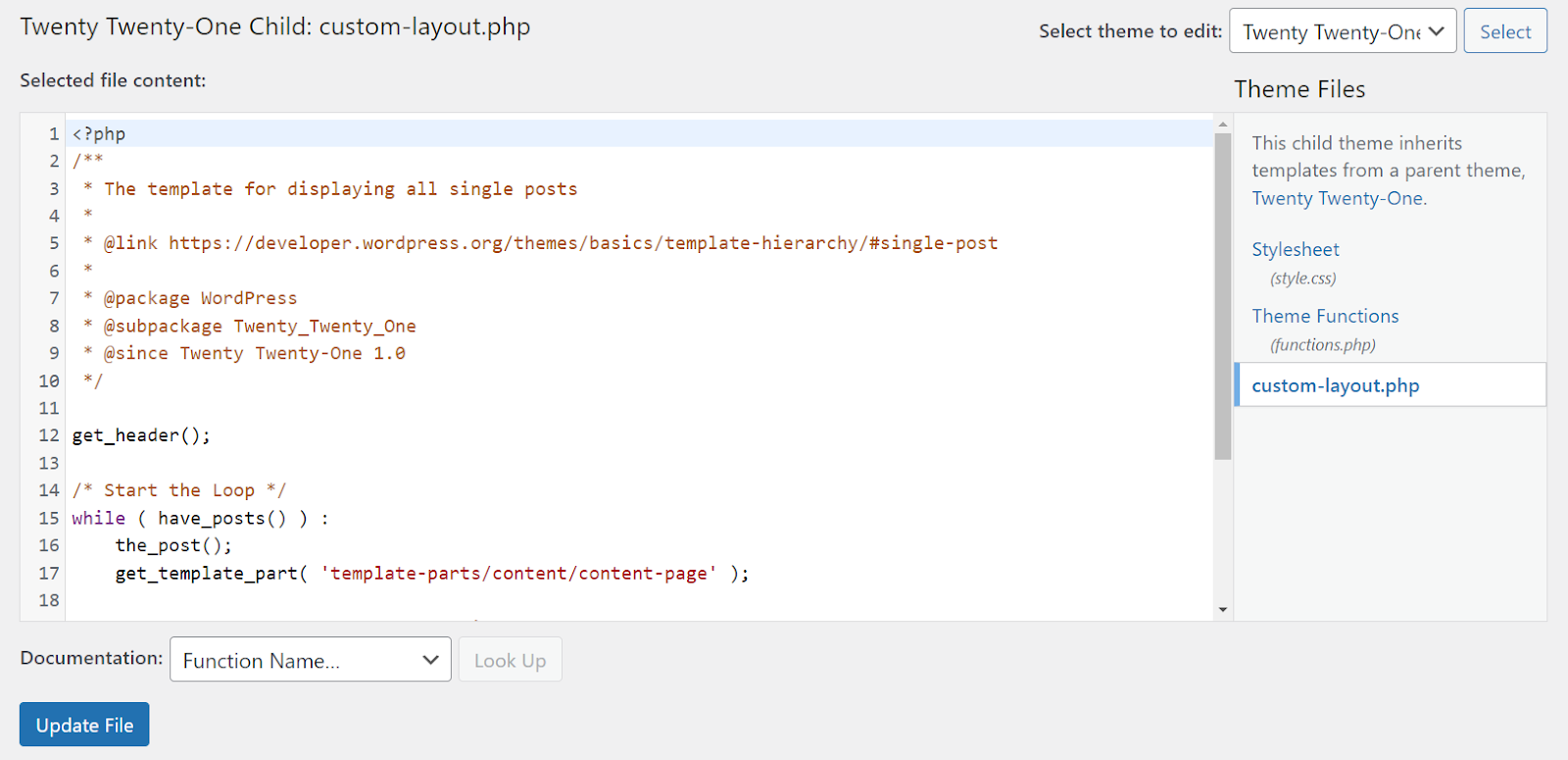 Édition du fichier custom-layout.php dans l'éditeur de fichiers de thème WordPress