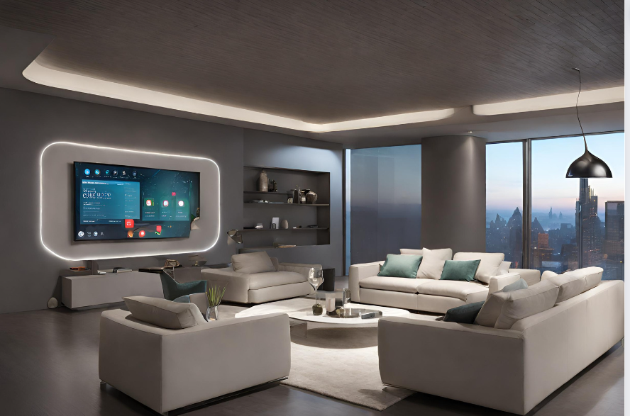 A living room with a large televisionDescription automatically generated