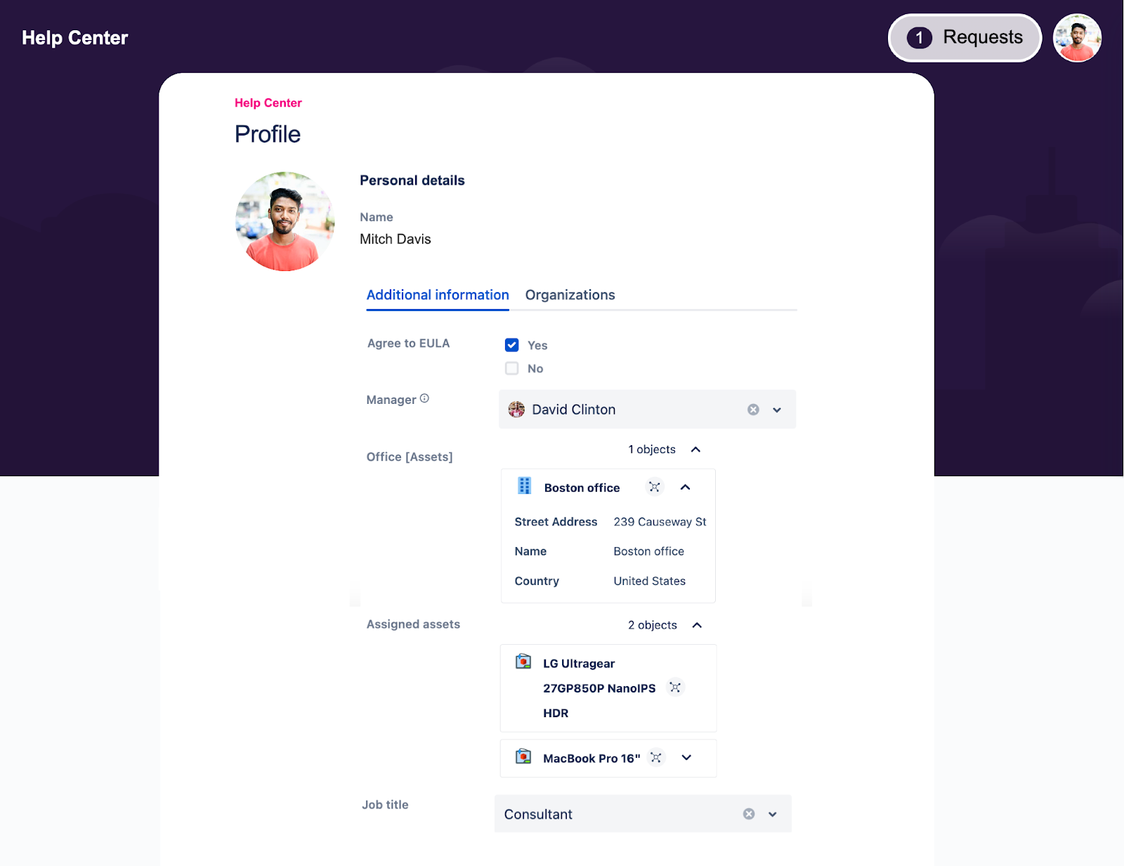 Customer profile with assets displayed