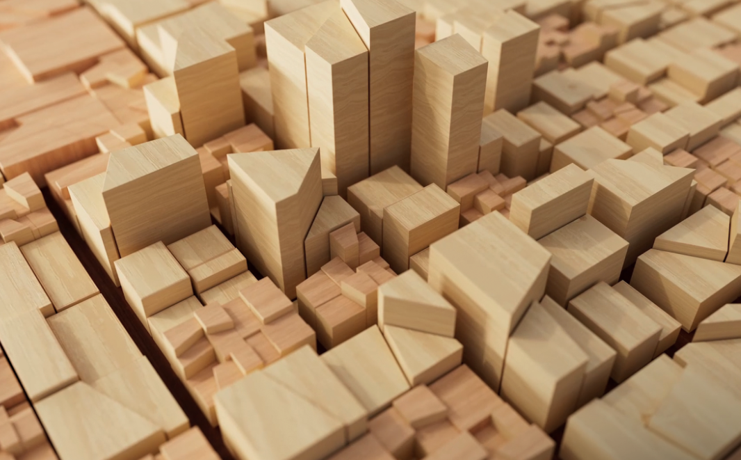 Cinema 4D's new Partition Modifier which shows photo-realistic blocks of wood with shadows