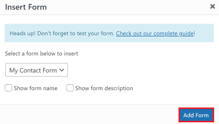 Inserting a contact form using the Classic Editor