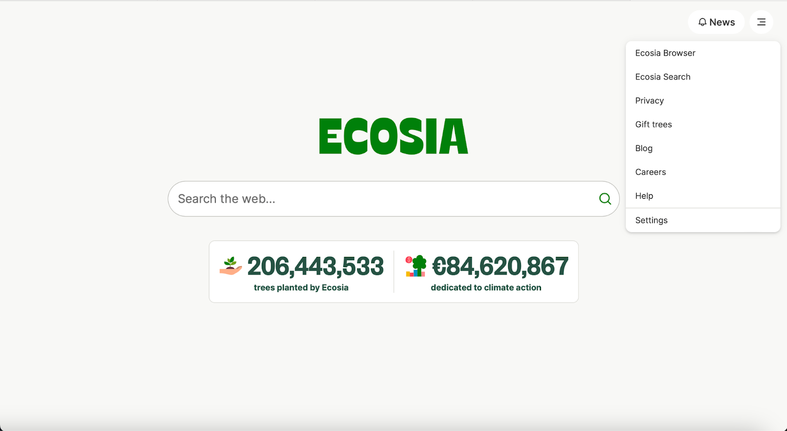 Image showing how to access Ecosia settings page.
