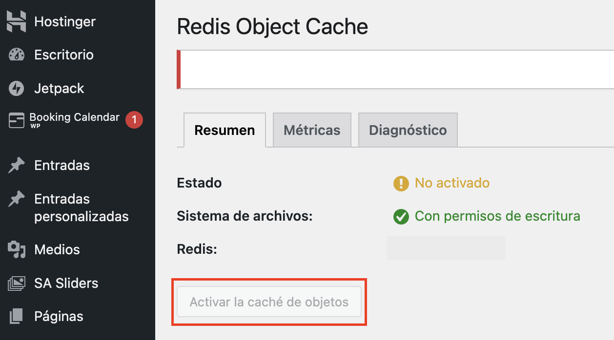 Opción de Activar la caché de objetos de Redis en WordPress