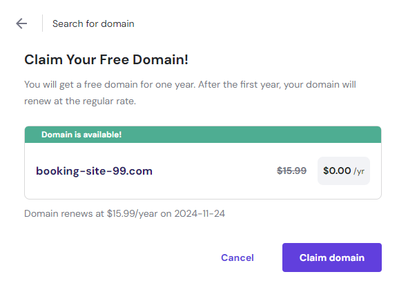 The Claim Your Free Domain pop-up message in hPanel
