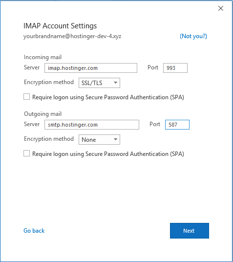 Configuración de la cuenta IMAP en Outlook en Windows