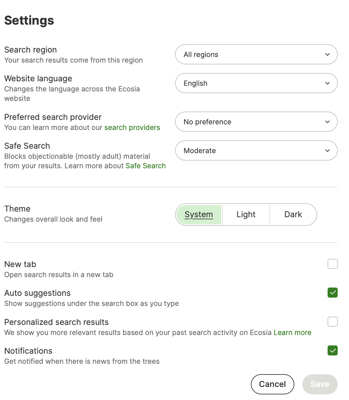 Image showing all Ecosia settings.