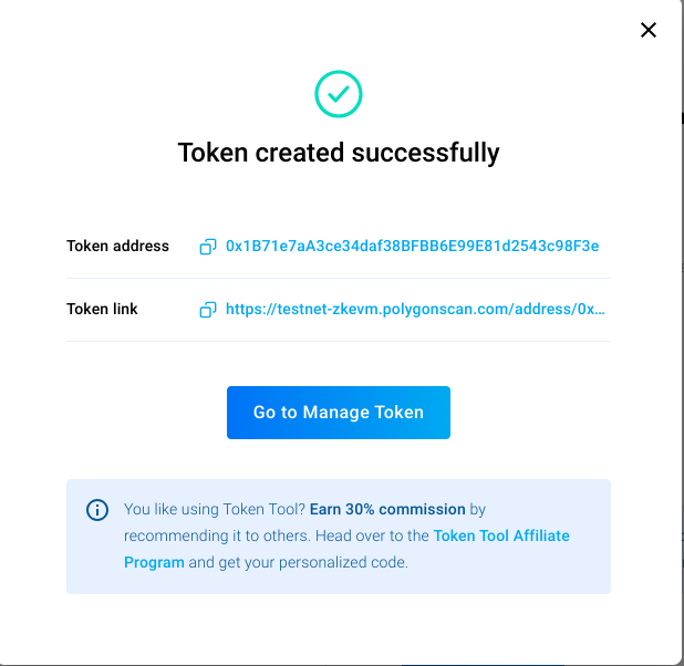 Successful token creation modal on Bitbond Token Tool for Polygon zkEVM token