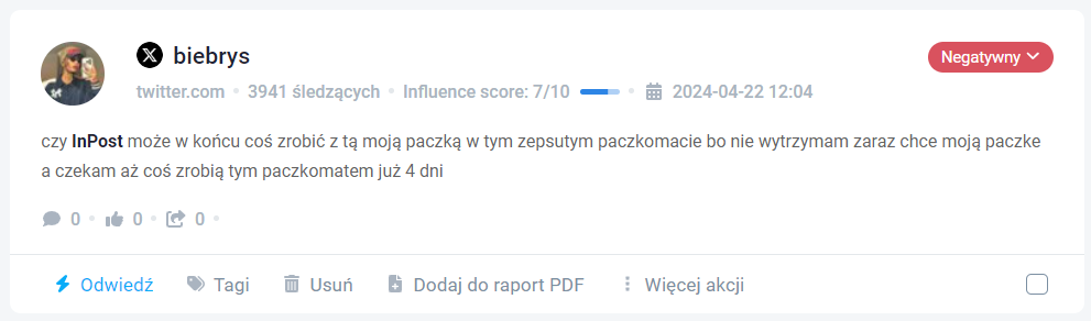 Negatywna wzmianka o InPost wykryta przez Brand24 (najlepsze narzędzie do monitoringu mediów)