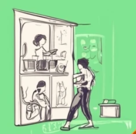 A comic like illustration of a person walking from a green room to a cafeteria.Description a