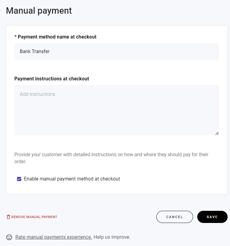 The Manual payment section in Hostinger Website Builder's store manager
