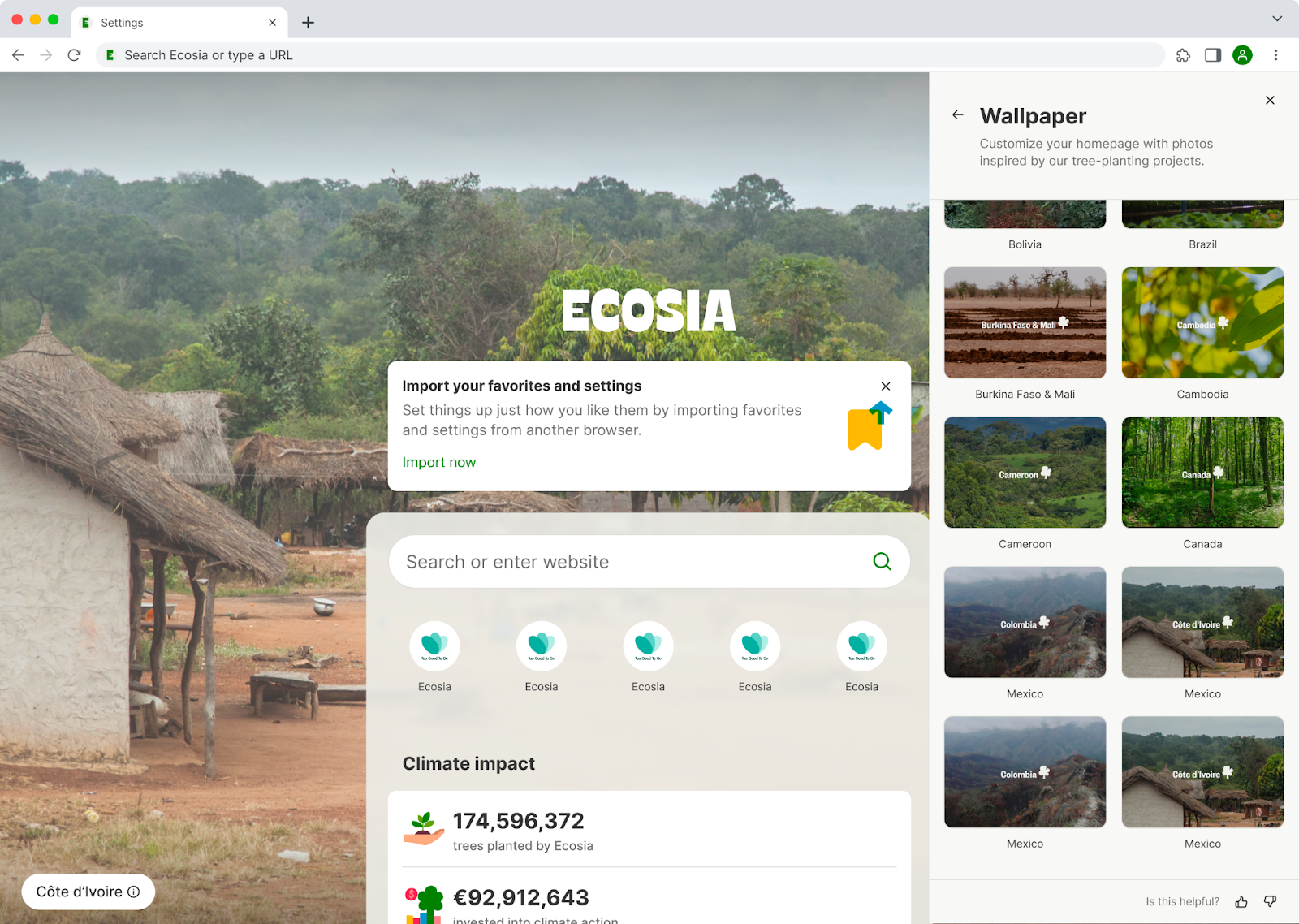 Screenshot of Ecosia browser homepage, with the wallpaper selection panel, to choose background image from project countries.