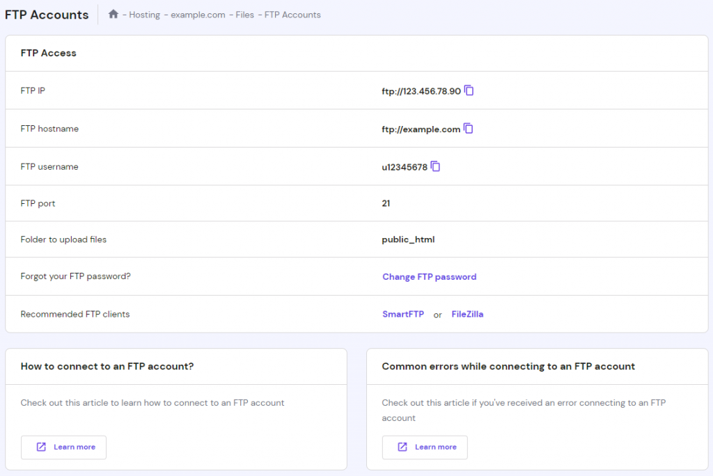 Die FTP-Konto-Details im hPanel