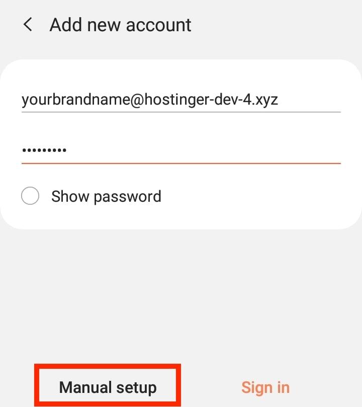 Seleccionar la opción "Configuración manual" al configurar una nueva cuenta de correo electrónico en Android