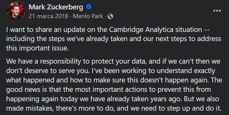 Oświadczenie Marka Zuckerberga na Facebooku