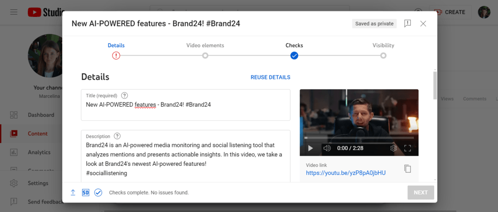 YouTube title and description with added hashtags