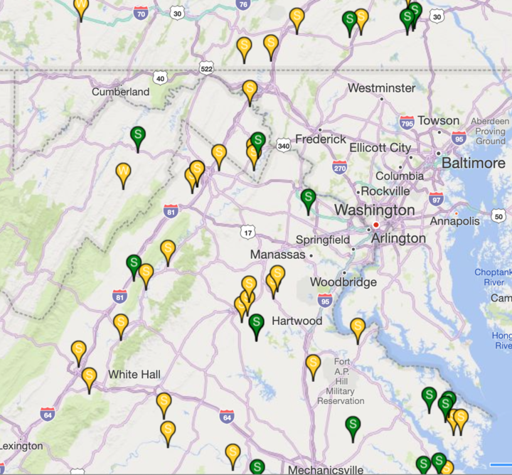 Upcoming renewable generation in the Northern Virginia region, with yellow representing projects in the advanced development stage, and green representing projects under construction from Yes Energy’s New Builds Dataset