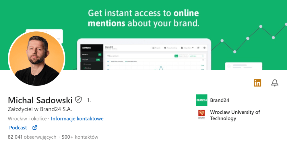 Profil Michała Sadowskiego (CEO Brand24) na LinkedIn