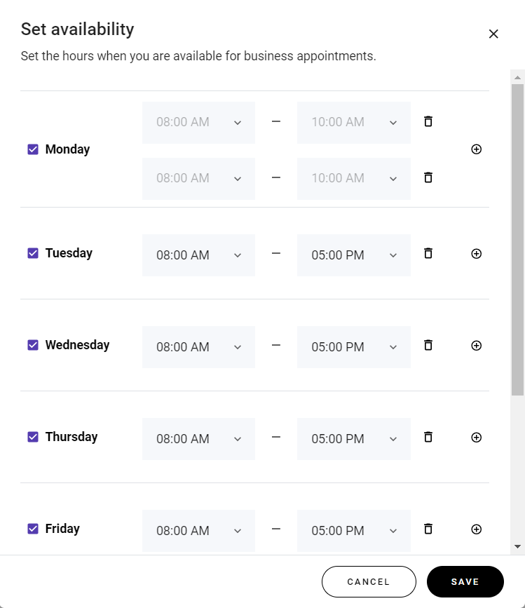 The feature to select availability schedules in Hostinger Website Builder's store manager
