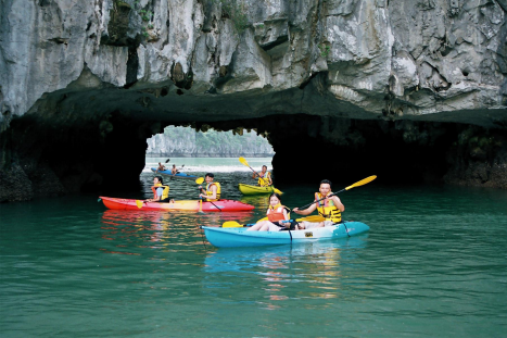 kayakers in a cave