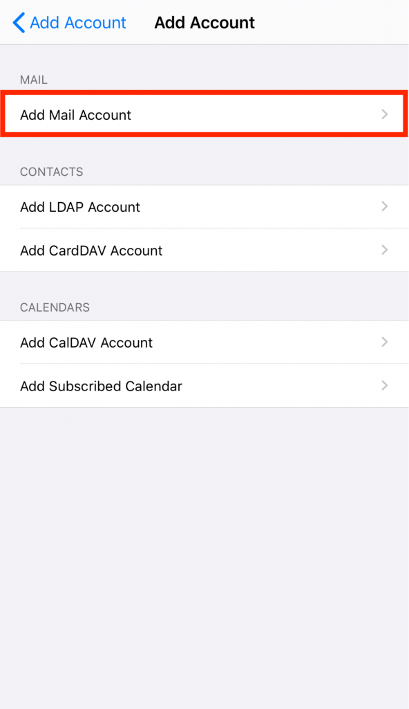 Seleccionar la opción "Añadir cuenta de correo" en iOS