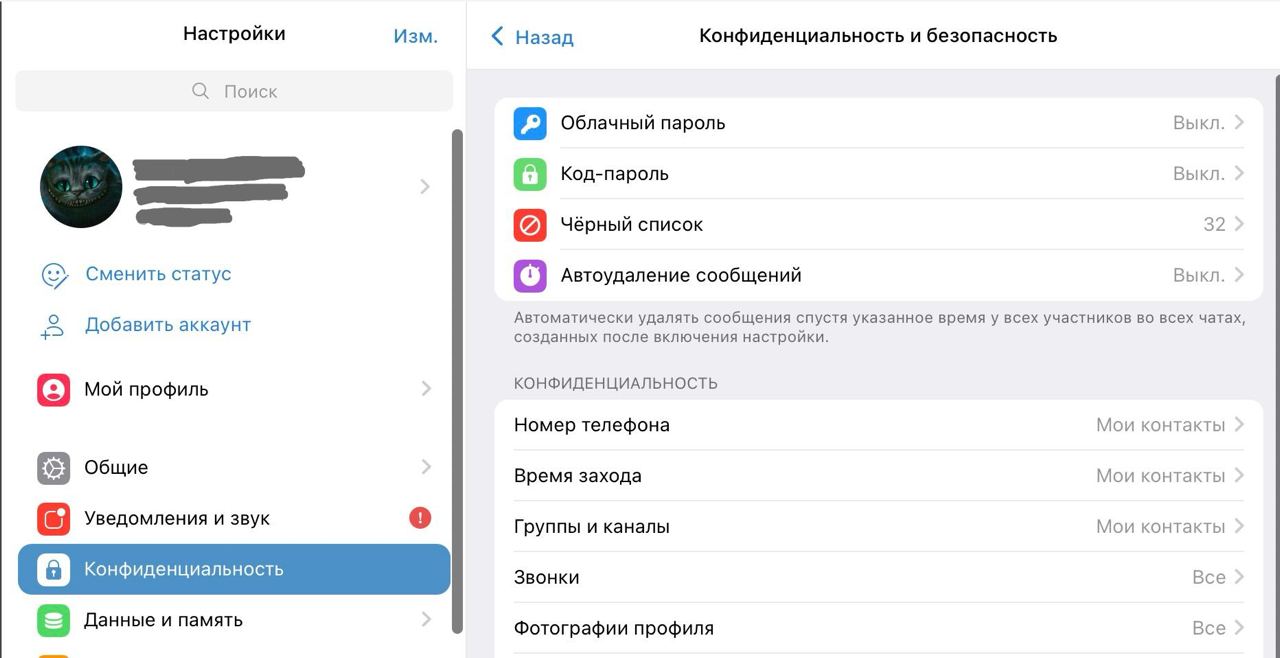 Настройки в Telegram и вкладка «Конфиденциальность».