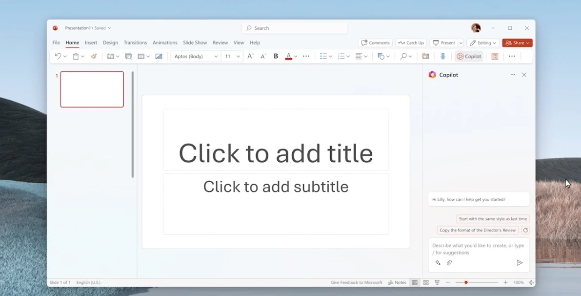 Screenshot of Microsoft Copilot being used in a powerpoint presentation