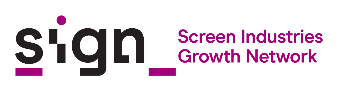 SIGN's logo in purple and black with a glitch-looking on the left.On the right, in purple coloured font, a text reads "Screen Industries Growth Network".